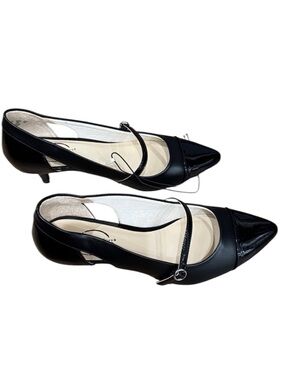 Simply Comfort Black Mary Jane Kitten Heels Pointed Toe Patent Cap Chic